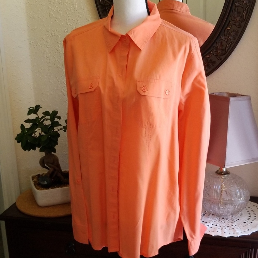 Coral LS button front blouse